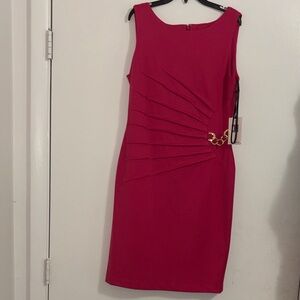 Ivanka Trump Fuchsia Midi Sheath Dress with Gold Chain Accent